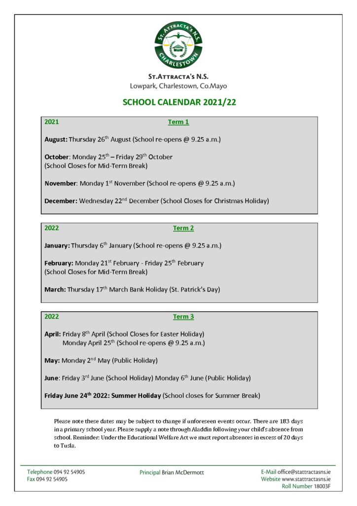 School Calendar 21/22 - St Attractas Ns